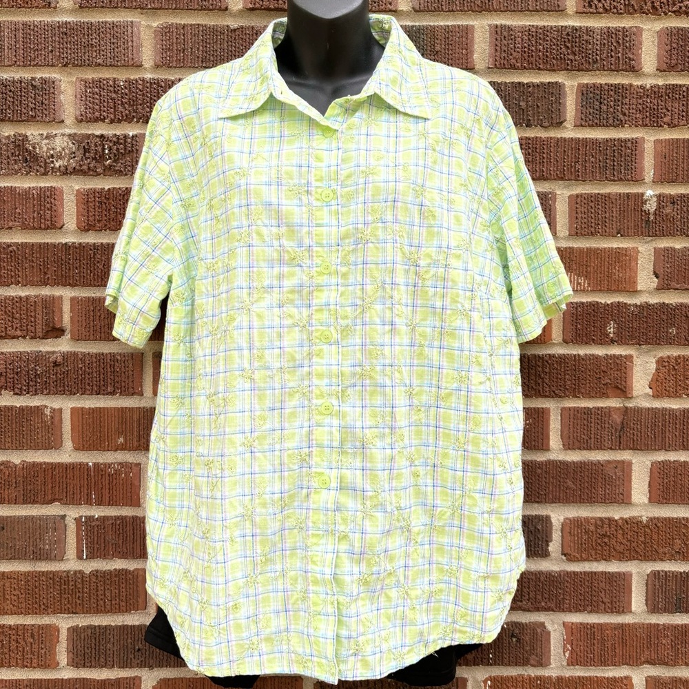 Lemon Grass button down short sleeve plaid embroidered all over Shirt Size 1X